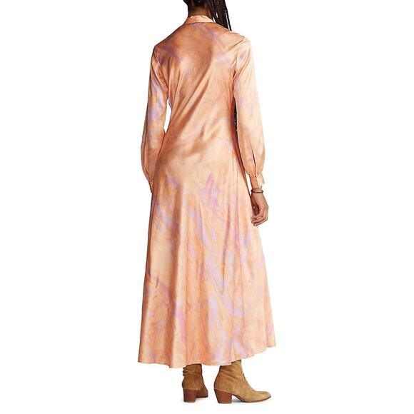 NWD Polo Ralph Lauren Rily 100% Silk Tie Collar Maxi Dress Sz 4 Peach Dye #1H458 - Picture 4 of 14